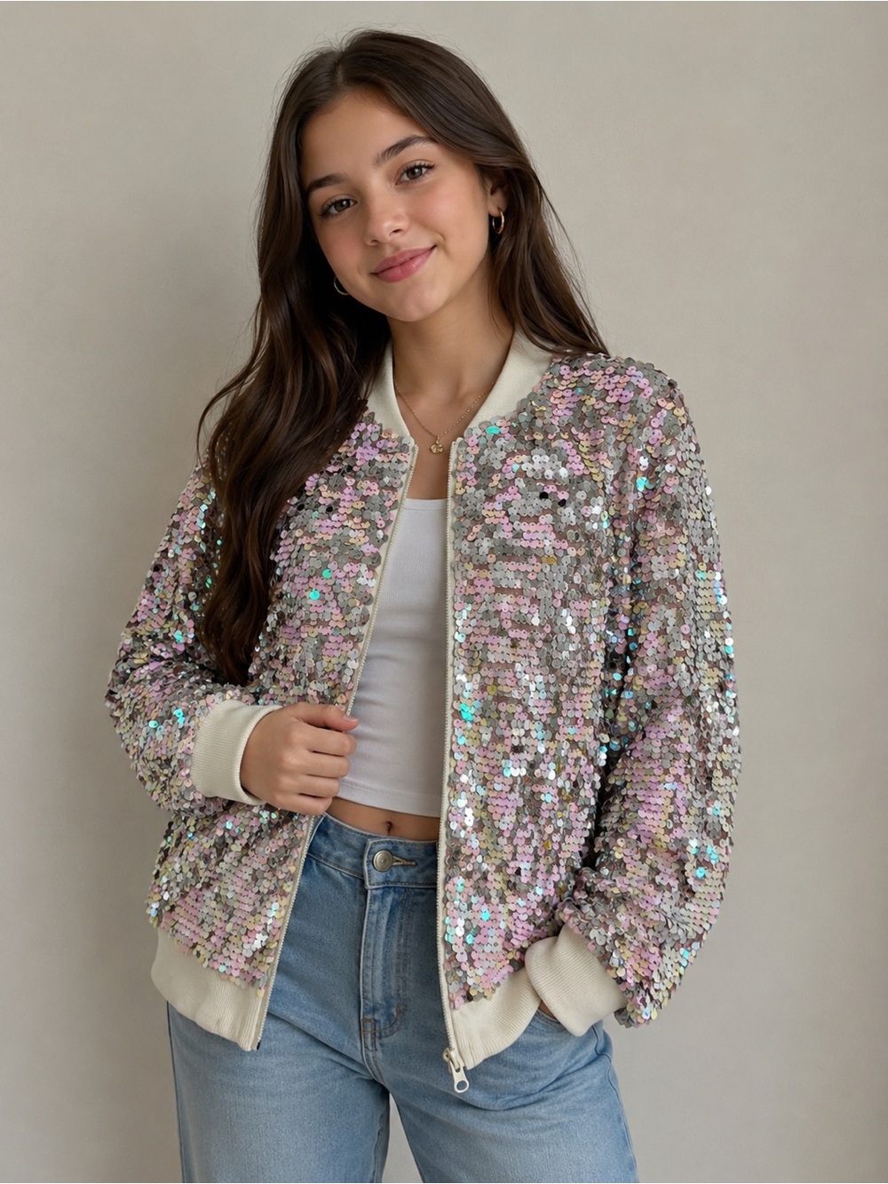 NEW More Than Magic Girls XL Pink Silver Sequin Bomber Jacket Zip Front Sparkly‎